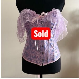Lavender Brocade Lace Up Corset Top Medium Off Shoulder Ruffle Bustier